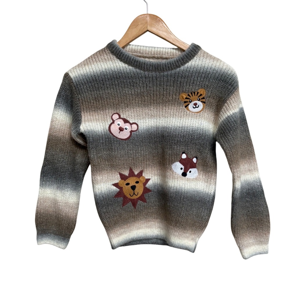 HOP Kids Animal Patch Ombre Knit Sweater Boys 7-8 Years Brown Grey Crew Neck